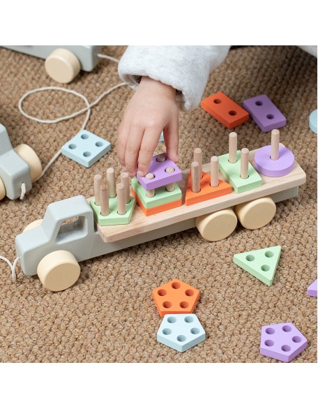 Young children early education Montessori wooden 2-in-1 macaron shape matching set column drag small train educational toy